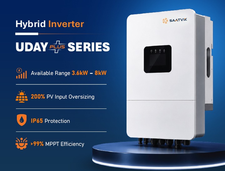 Saatvik UDAY Plus Series Hybrid Solar Inverter — 3.6 kW to 8 kW, 200% PV input oversizing, IP65 protection, over 99% MPPT efficiency