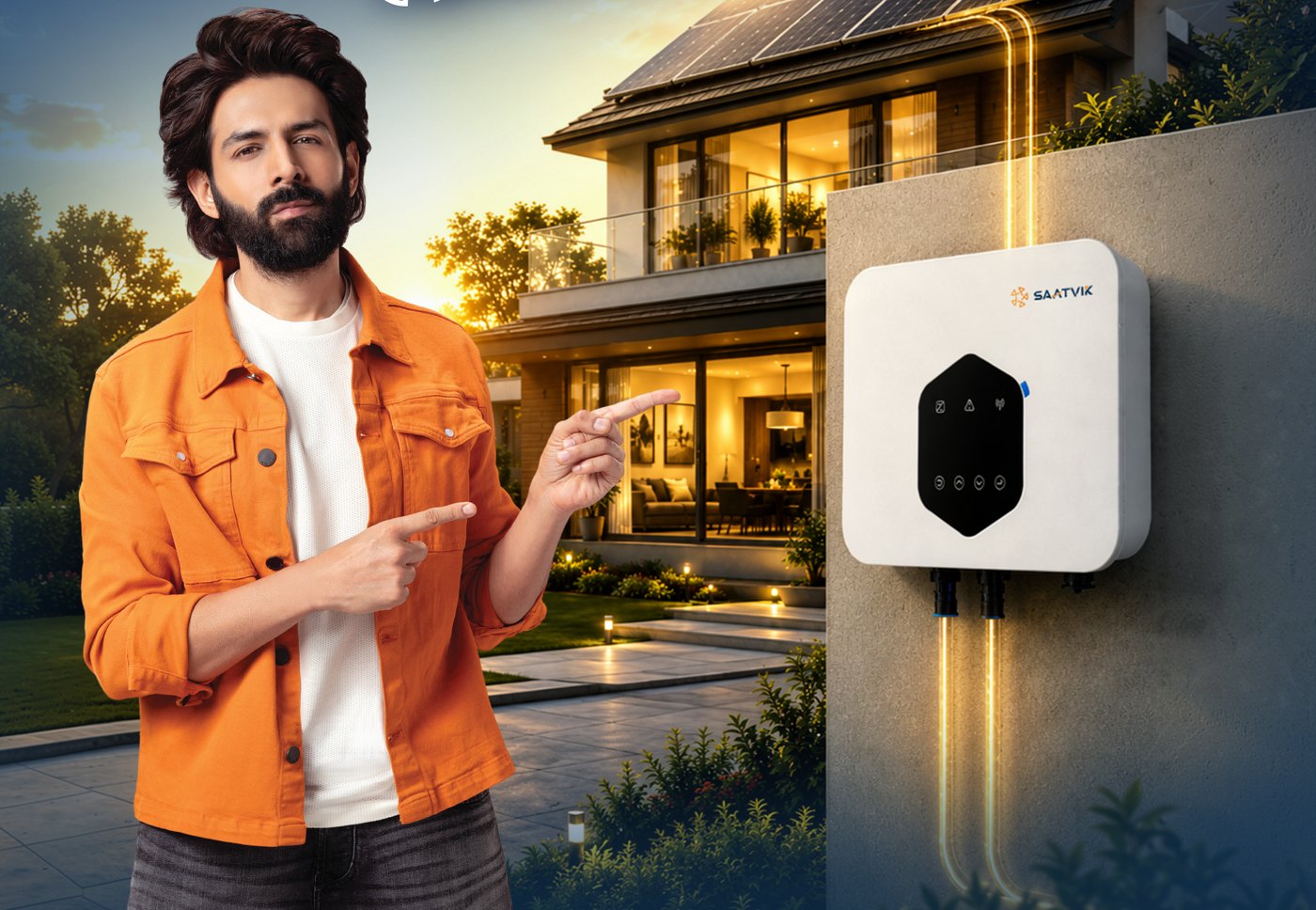 Saatvik SuryaConnect Solar Kit — Kartik with a rooftop solar home and inverter